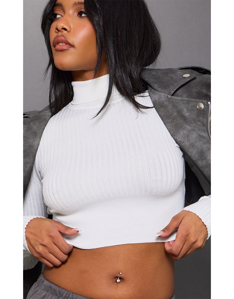 Cream Ribbed Knitted Roll Neck Cropped Jumper - 3