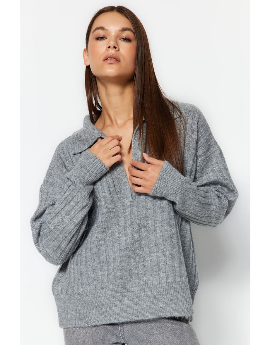 Gray Soft Textured Polo Collar Knitwear Sweater