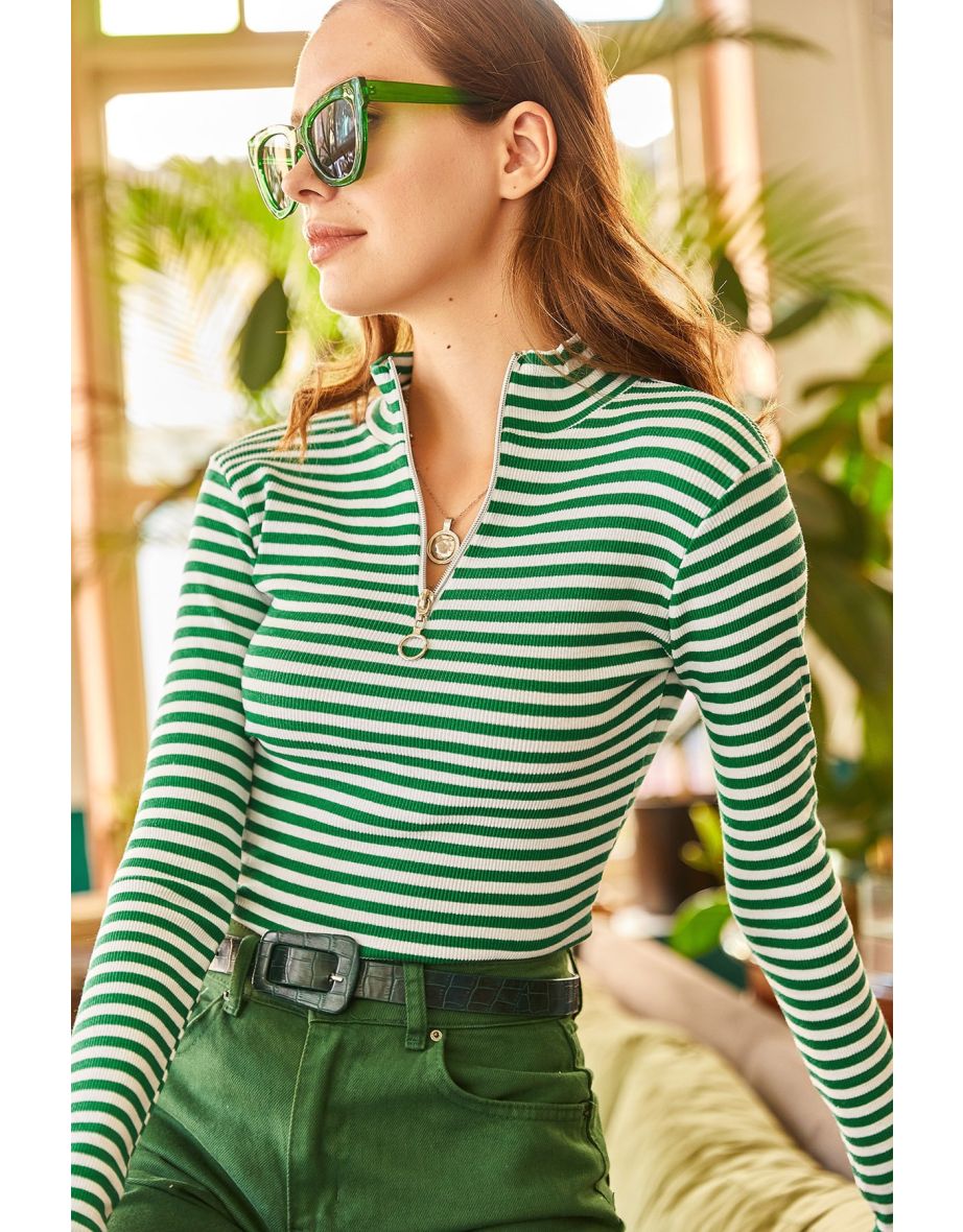 Women's Thick Striped Grass Zip Turtleneck Lycra Blouse