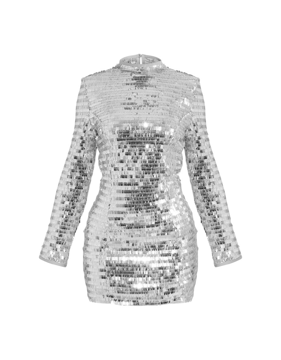 Petite Silver Sequin Shoulder Pad Micro Mini Dress - 4