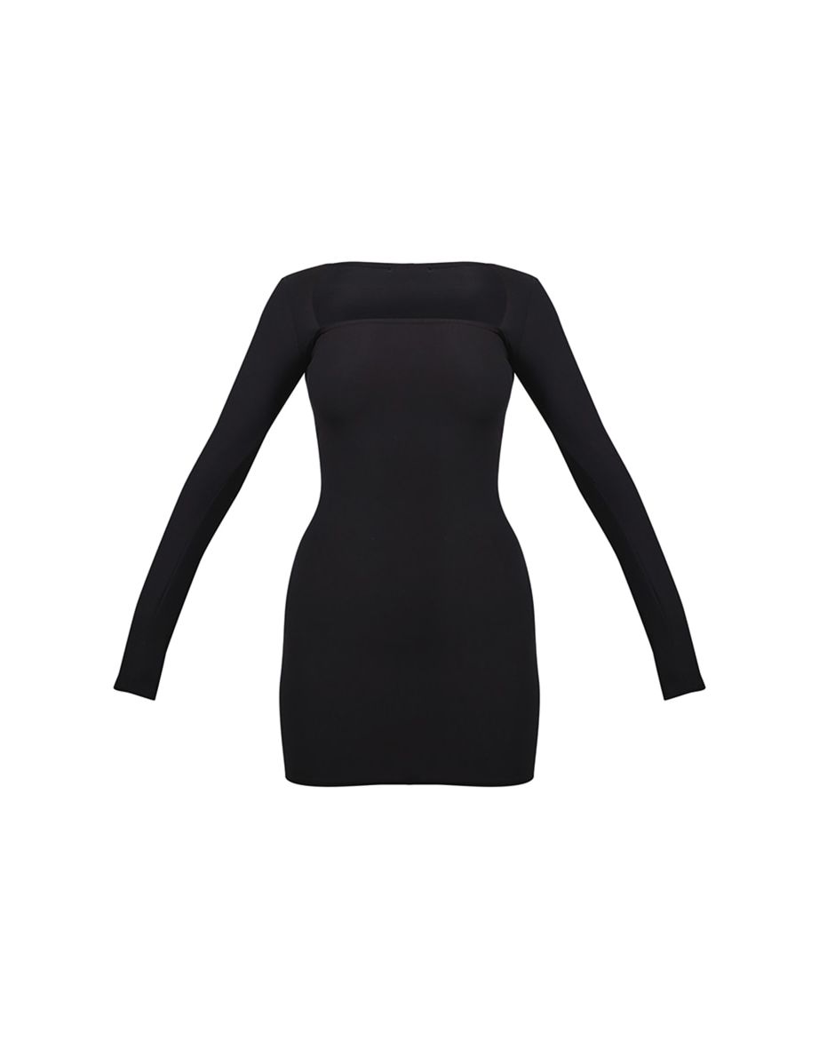 Black Soft Touch Square Neck Long Sleeve Bodycon Dress - 4
