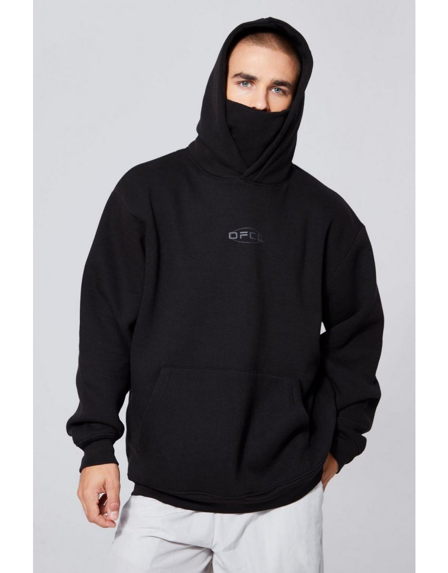 Oversized Man Graphic Hoodie With Snood - black