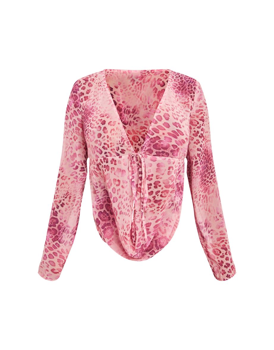 Shape Baby Pink Chiffon Leopard Printed Long Sleeve Plunge Top - 4