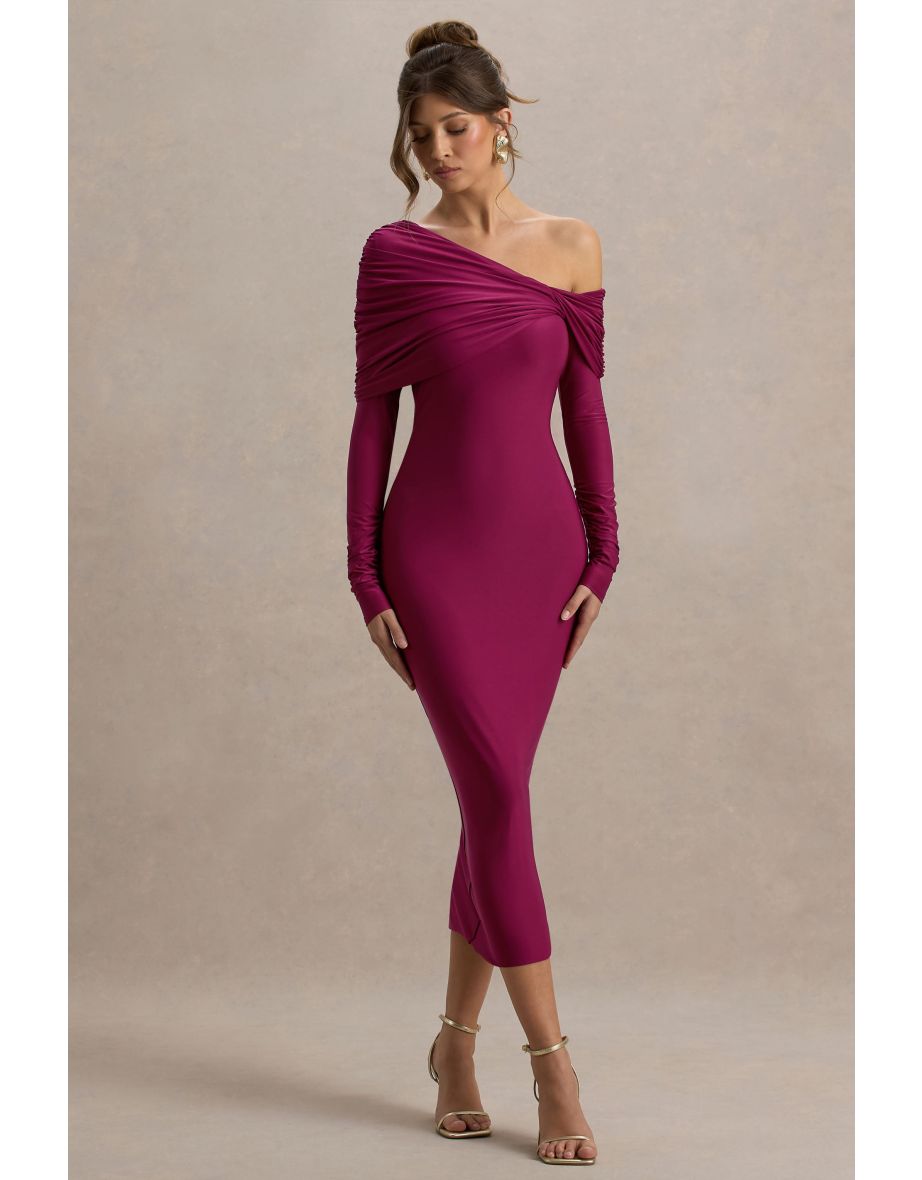 Cleo | Burgundy Bodycon Midi Dress With Mesh Sleeves