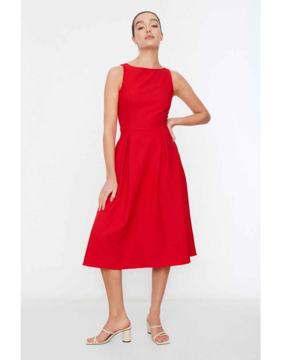 Red A-Line Midi Evening Dress