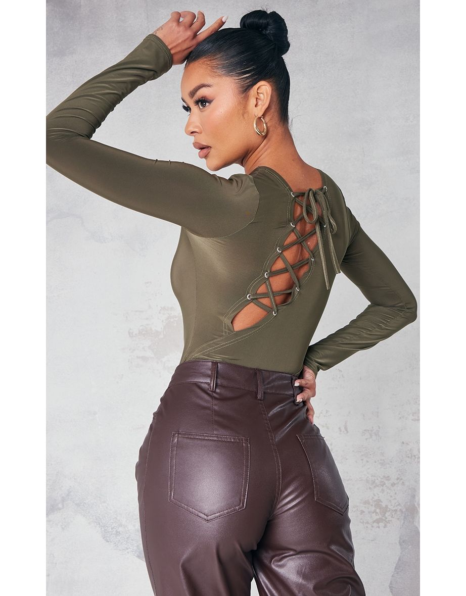 Khaki Slinky Lace Up Long Sleeve Bodysuit