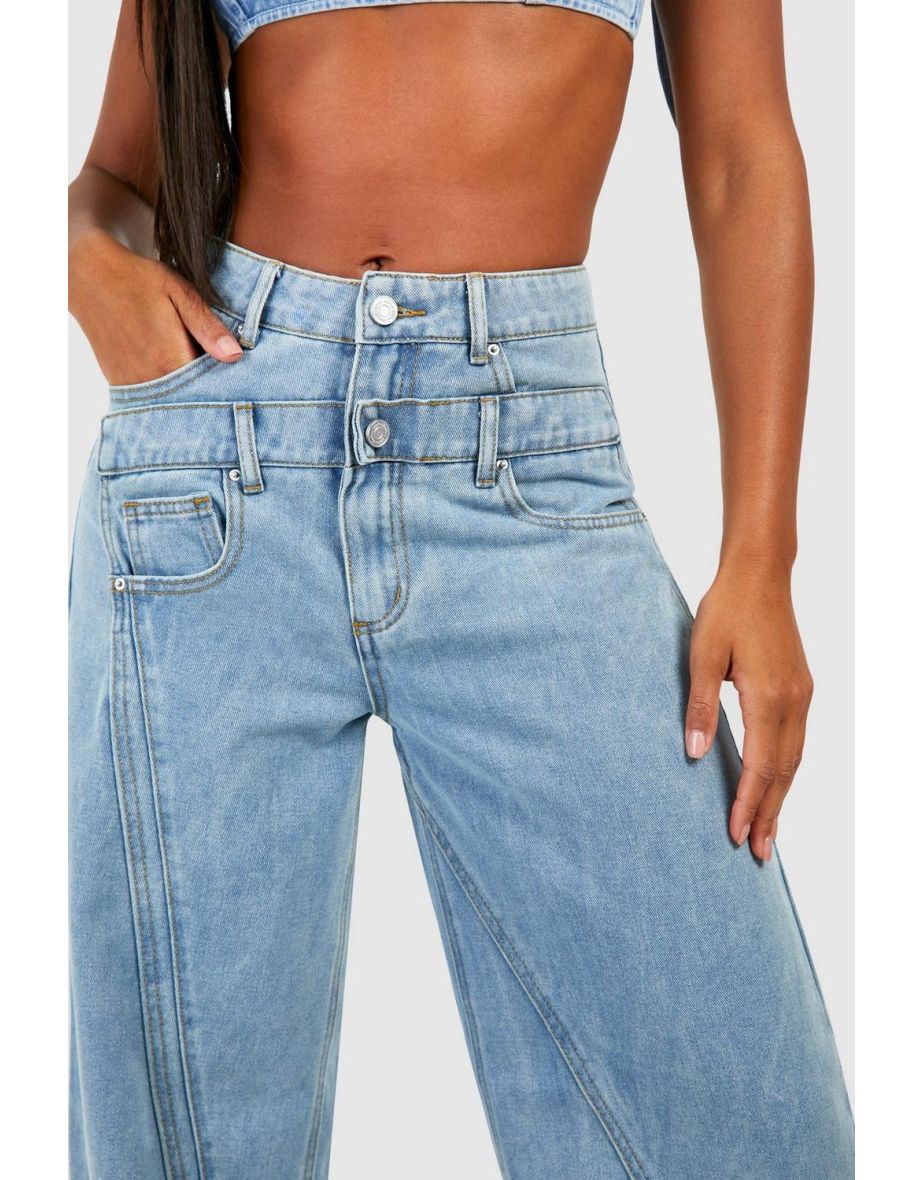 Wide Leg Jeans With Front And Back Waistband Panel - light blue - 3