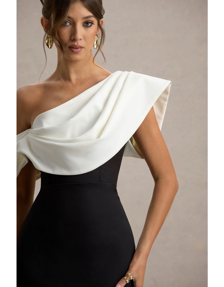 Angelina | Black & White Draped Shoulder Maxi Dress - 5