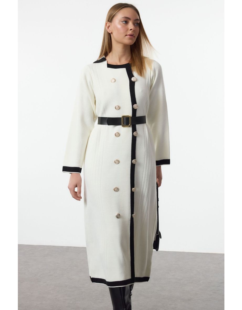 Ecru Belted Knit Color Block Dress