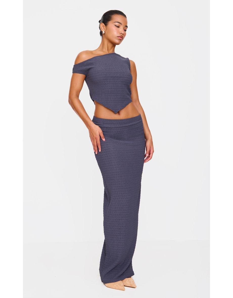 Blue Grey Textured Asymmetric Off The Shoulder Top