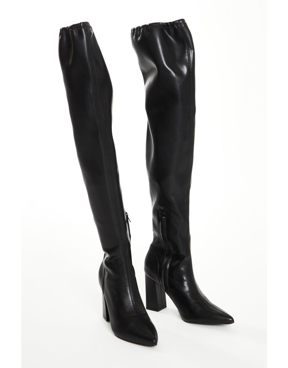Glamorous Black PU Knee High Block Heel Boots - 2