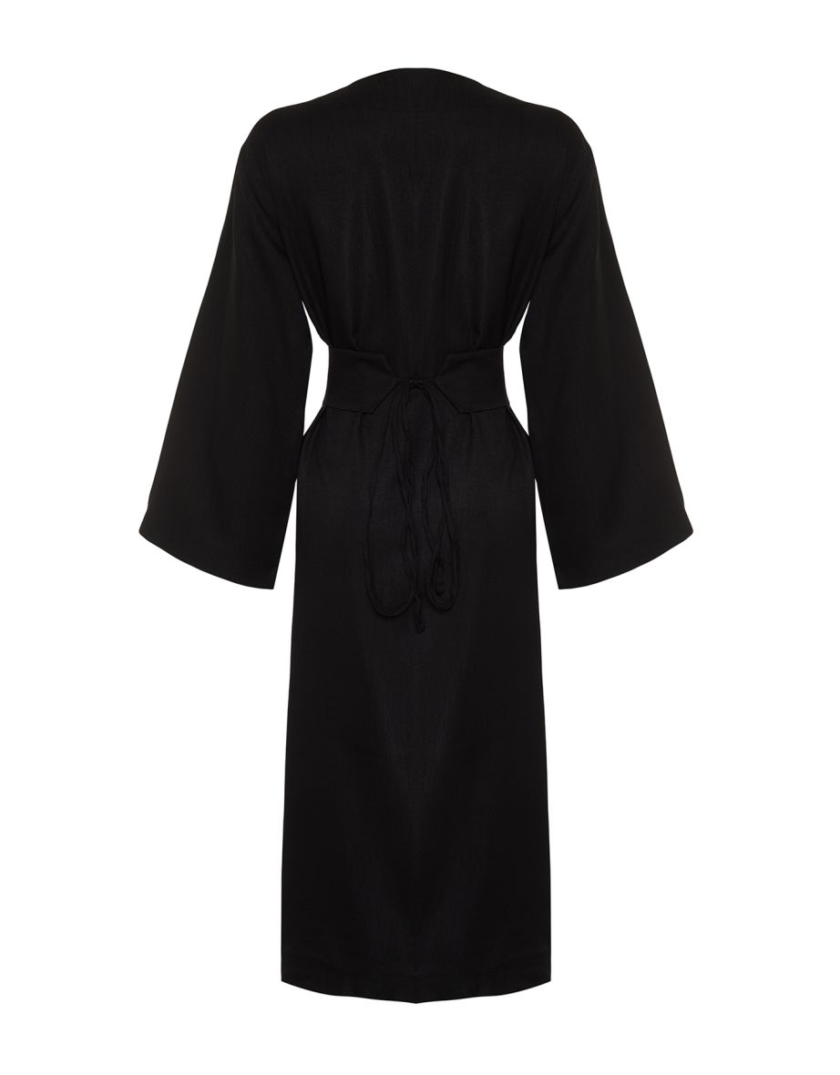 Black Linen Look Woven Kimono & Kaftan with Tie-Up Detail on the Waist - 7