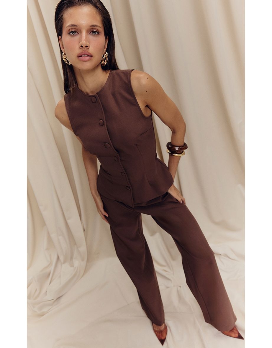 Chocolate Brown High Neck Waistcoat Straight Leg Jumpsuit