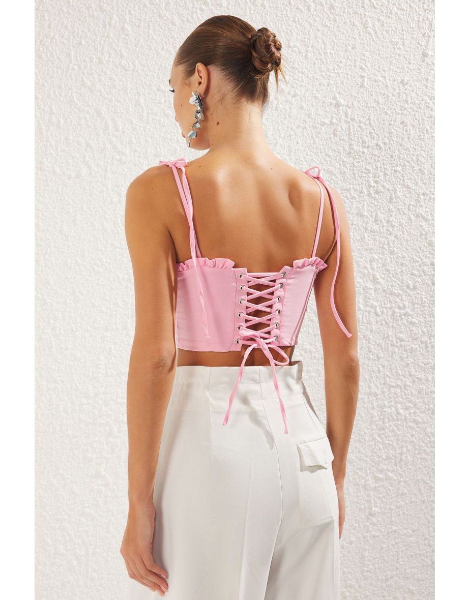 Pink Tie Detail Ruffled Crop Woven Bustier - 4