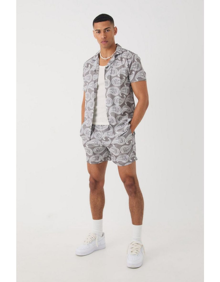 Short Sleeve Satin Mini Paisley Shirt & Short - stone