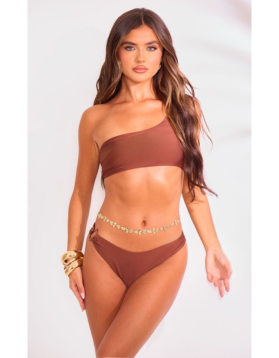 Brown Buckle Trim High Leg Bikini Bottoms - 3