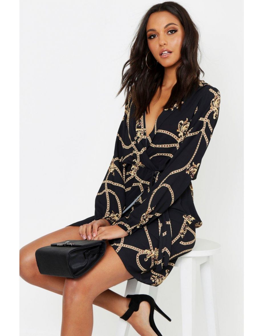 Tall Chain Mixed Print Wrap Midi Dress - black - 3