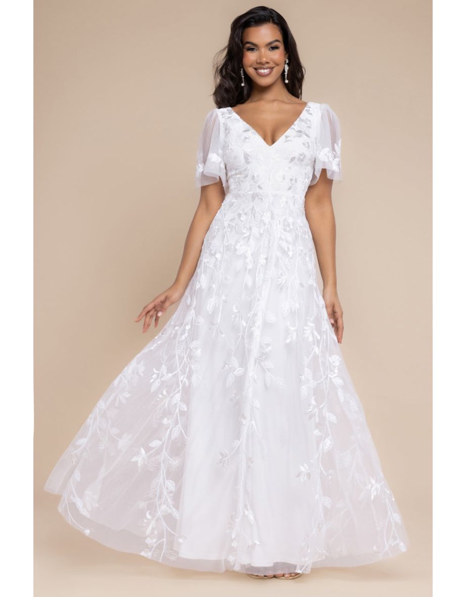 Goddiva Flared Sleeve Embroidered Maxi Dress - White