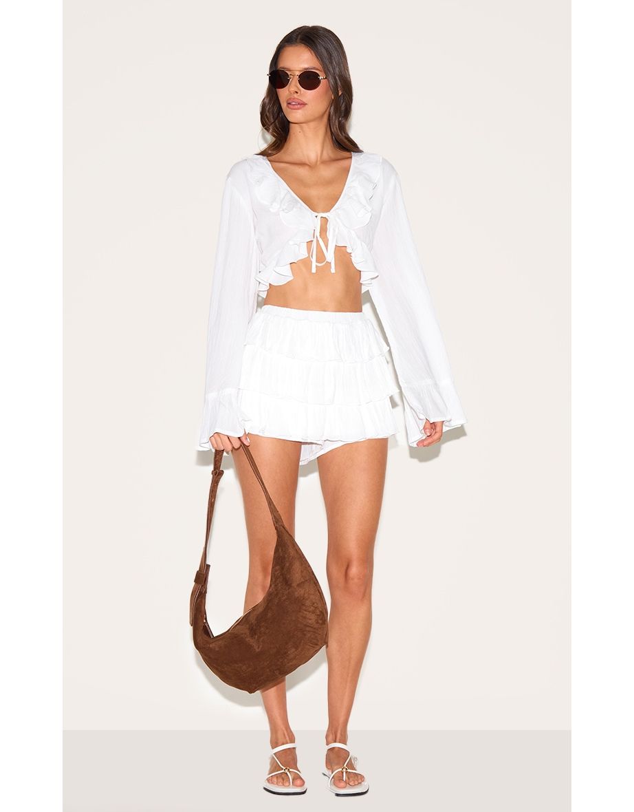 White Cheesecloth Ruffle Tie Front Long Sleeve Top