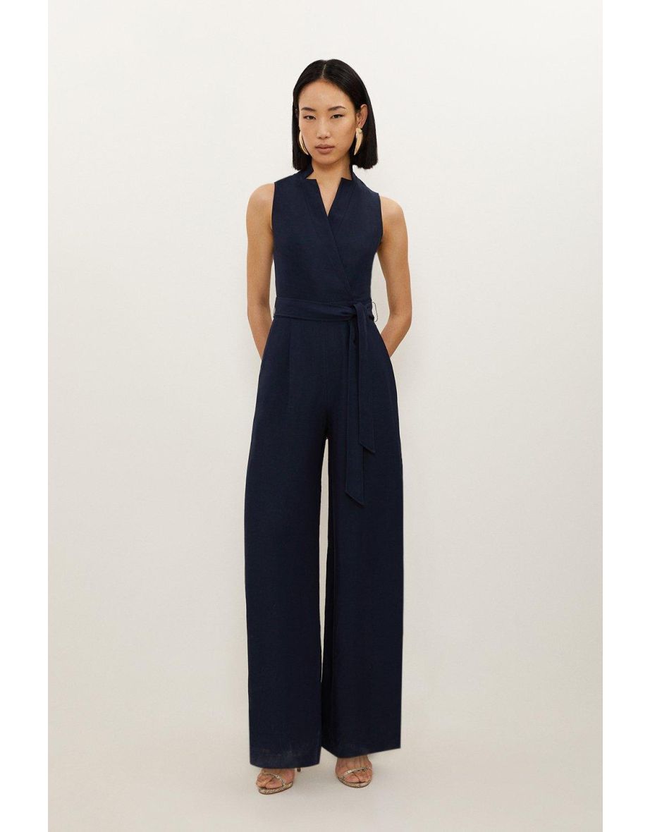 Tall Premium Tailored Linen Notch Neck Belted Straight Leg Jumpsuit