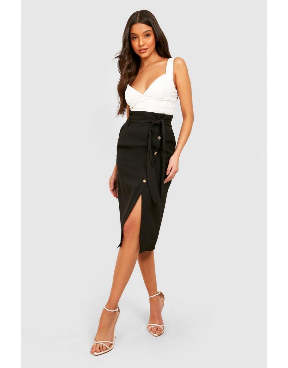 Belted Button Front Pencil Skirt - black