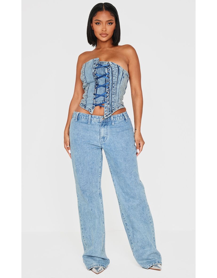 Shape Light Blue Wash Denim Bandeau Distressed Lace Up Detail Corset