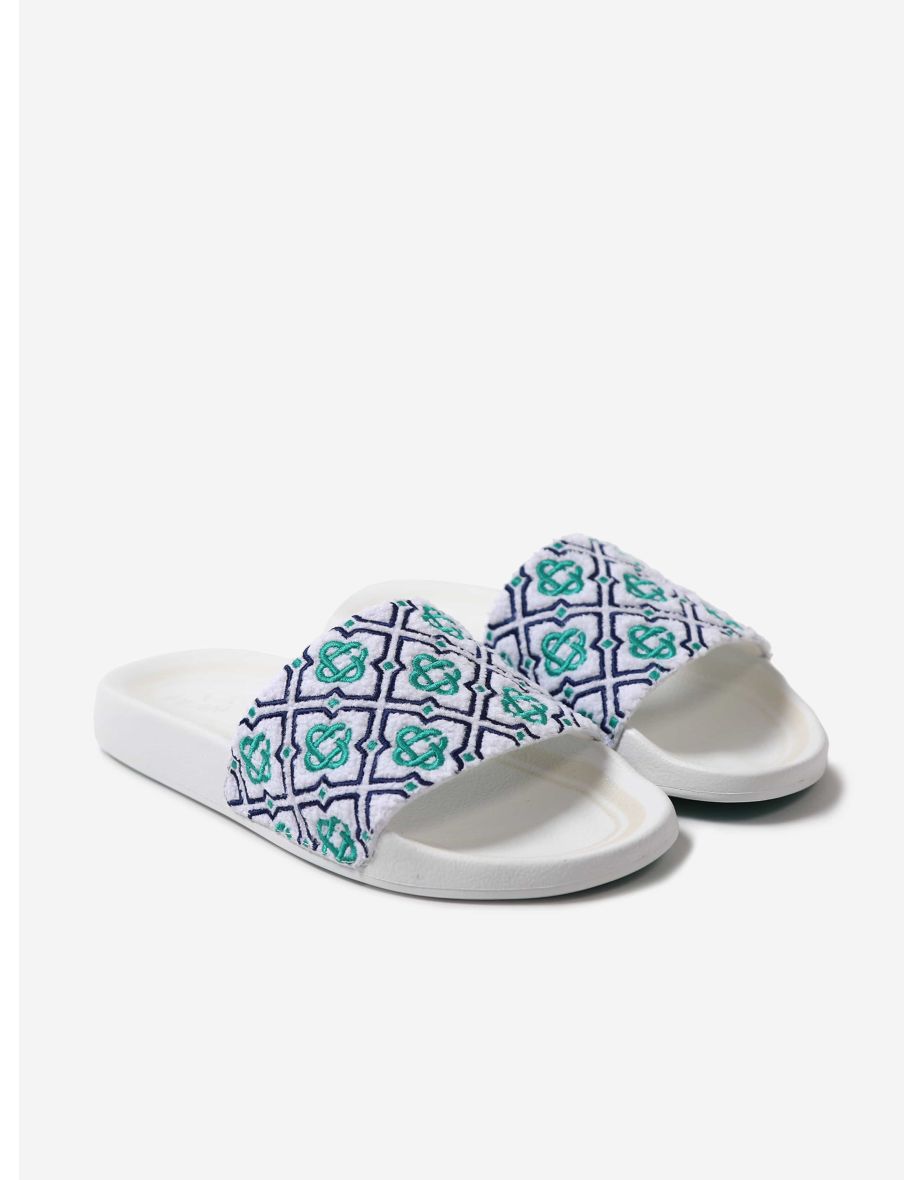 Girls Embroidered Terry Monogram Sliders in Blue