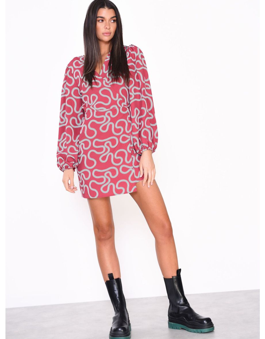 Glamorous Red Abstract Print  Long Sleeve Wrap Mini Dress