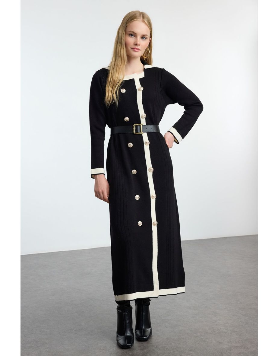 Black Belted Knitwear Color Block Dress - 4