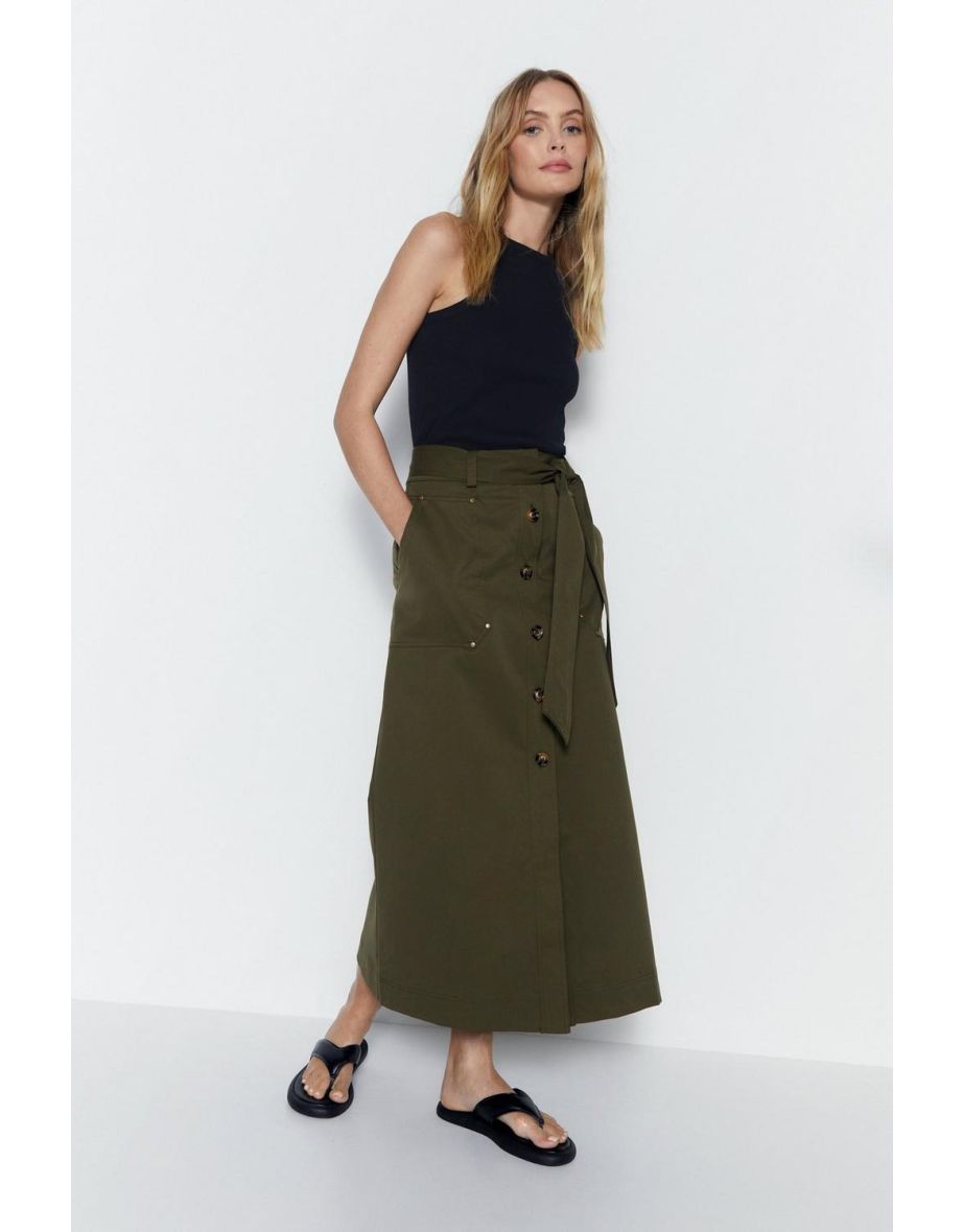Button Detail Tie Up Midi Skirt