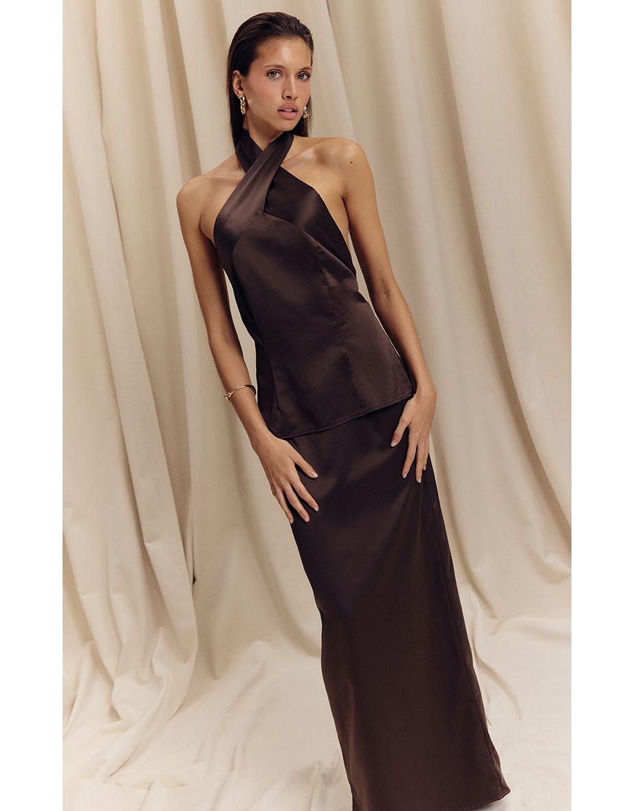 Dark Taupe Satin Mid Rise Maxi Skirt
