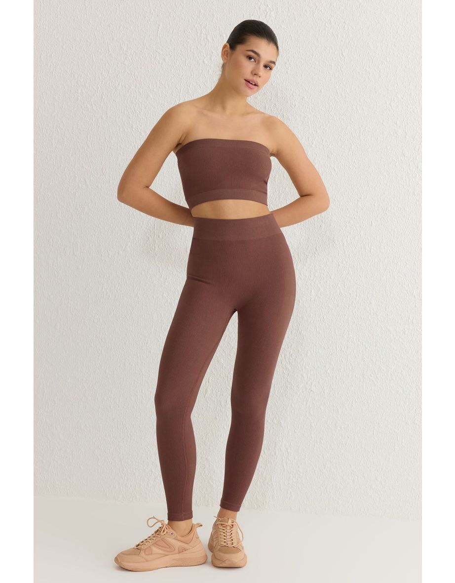Light Brown Seamless Full Length Knitted Sports Leggings