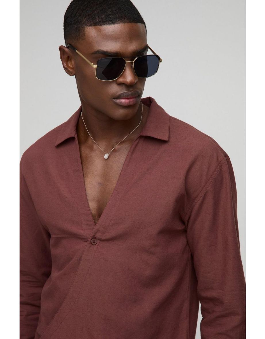 Oversized Wrap Front Long Sleeve Linen Shirt - 2