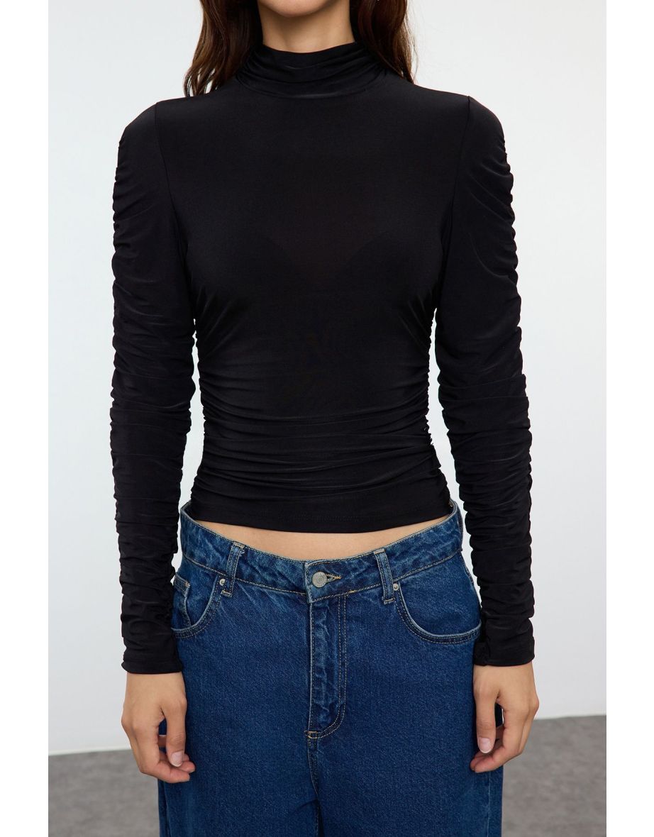 Black Ruffle/Drape Detailed Turtleneck Fitted/Closed Knitted Top - 4