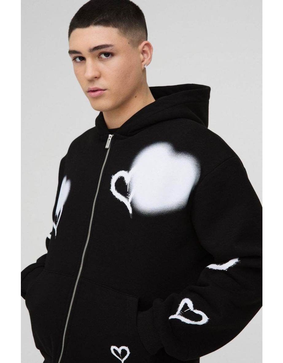 Oversized Boxy All Over Heart Printed Zip Through Hooded Tracksuit - 2