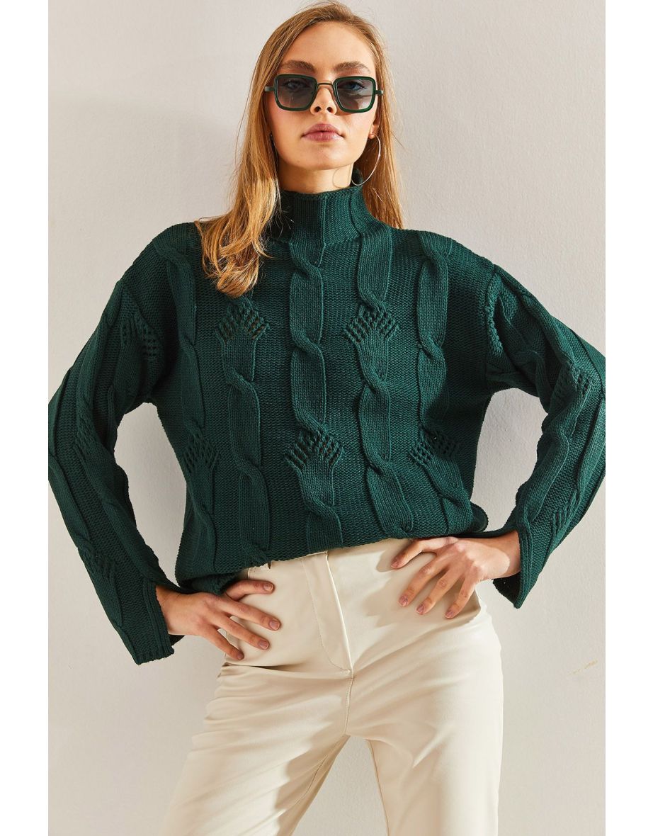 Women's Half Turtleneck Hair Knitted Patterned Knitwear Sweater - 4