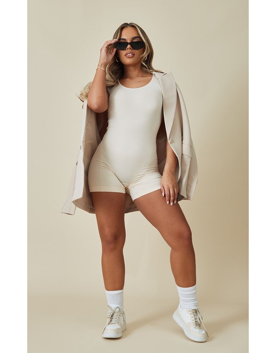 Ecru Structured Contour Rib Scoop Neck Short Sleeve Unitard
