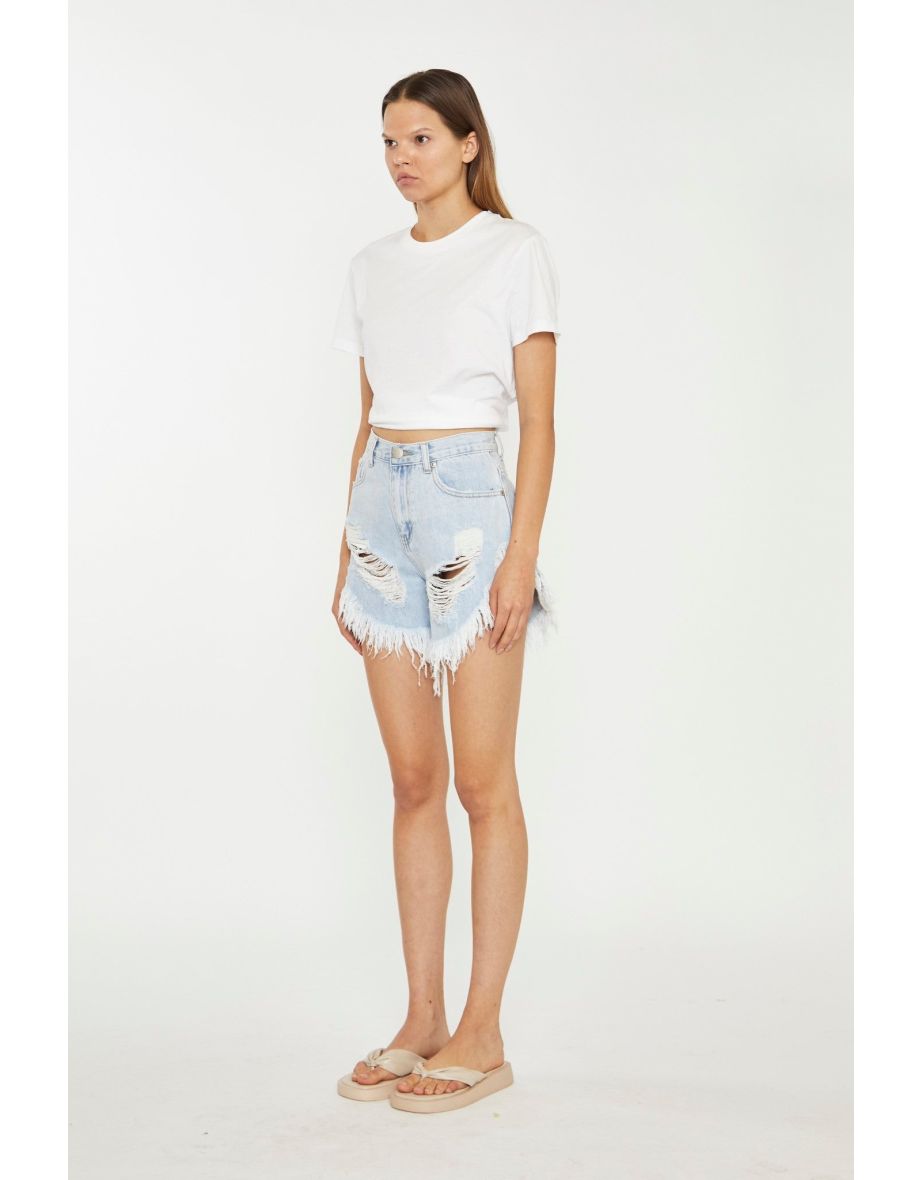 Light-Blue Bleached High-Waisted Distressed Denim Shorts - 3
