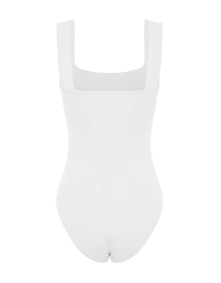White Fitted/Sticky Back Detail Square Neck Snaps Elastic Knitted Bodysuit - 7