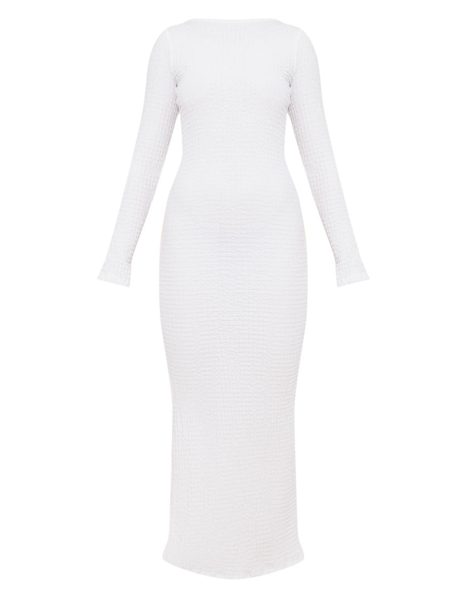 White Textured Long Sleeve Open Back Midi Dress - 4