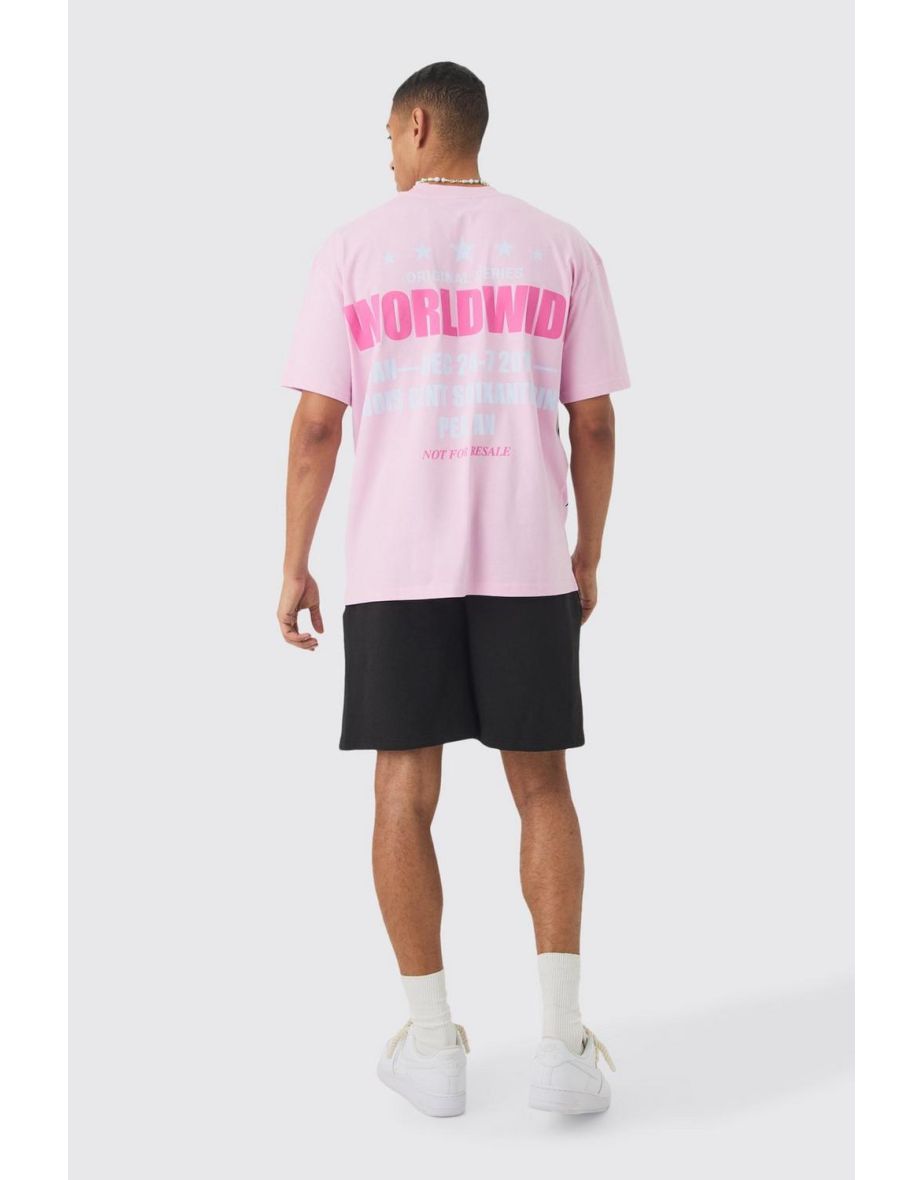 Oversized Extended Neck Distressed Worldwide T-shirt - pink - 2