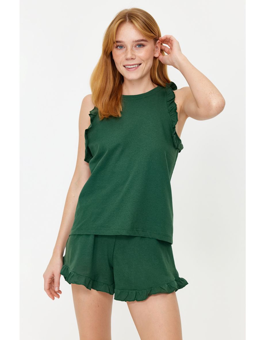 Emerald Green 100% Cotton Ruffle Detailed Tank Top-Shorts Knitted Pajama Set