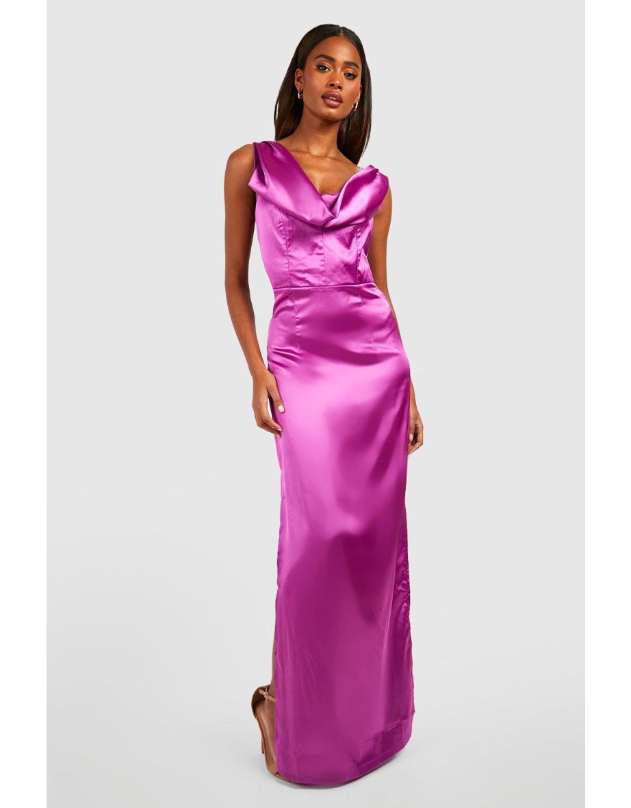 Bridesmaid Satin Cowl Neck Maxi Dress - magenta