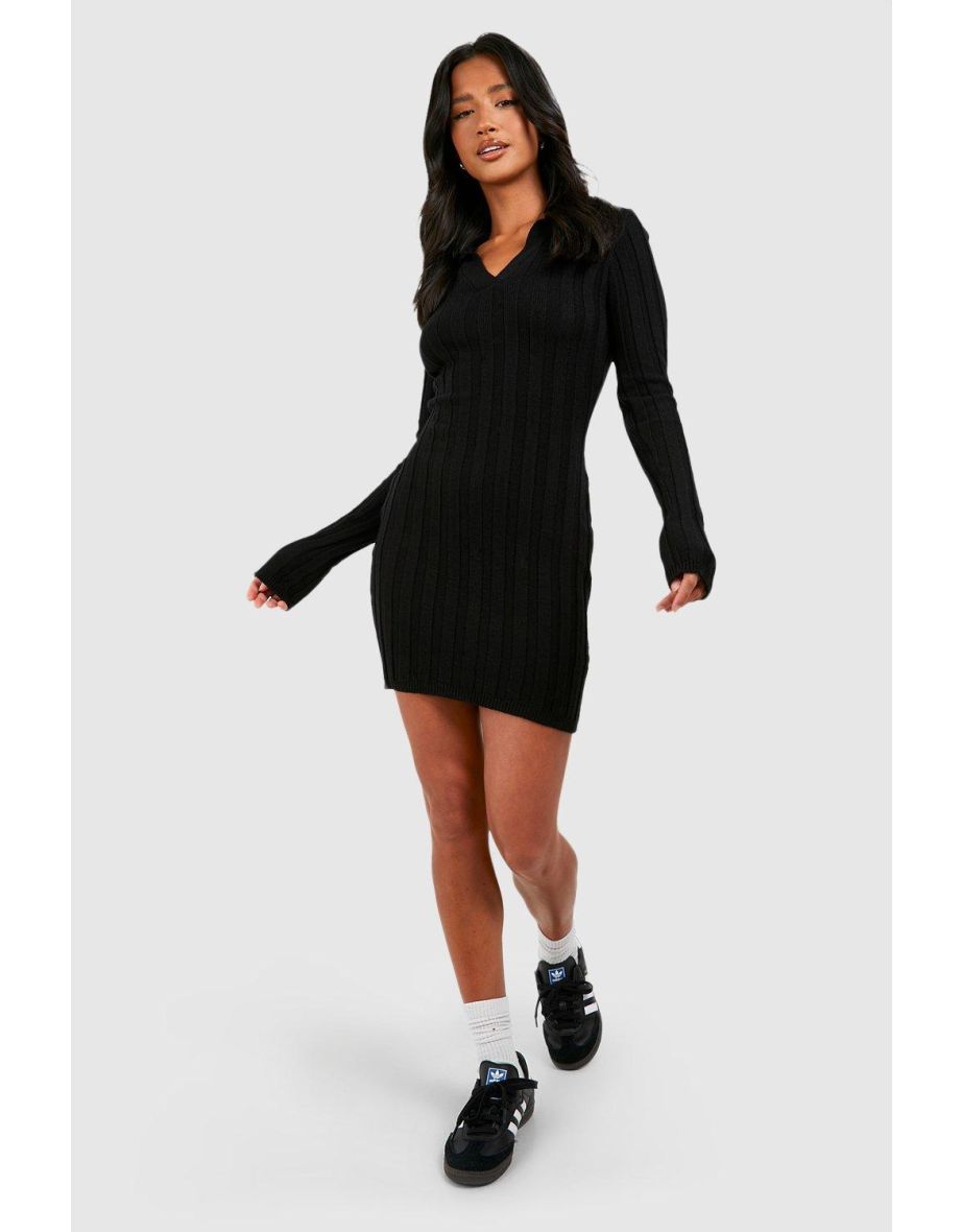 Petite Jumbo Rib Collared Mini Dress - black