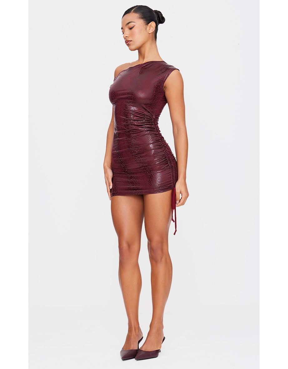 Burgundy Croc Effect One Shoulder Mini Dress