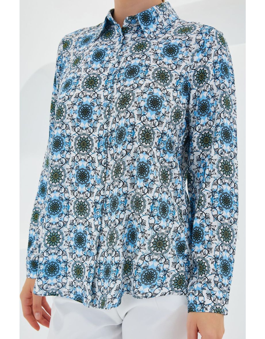 Women's Turquoise White Graphic Patterned Viscose Shirt - 4