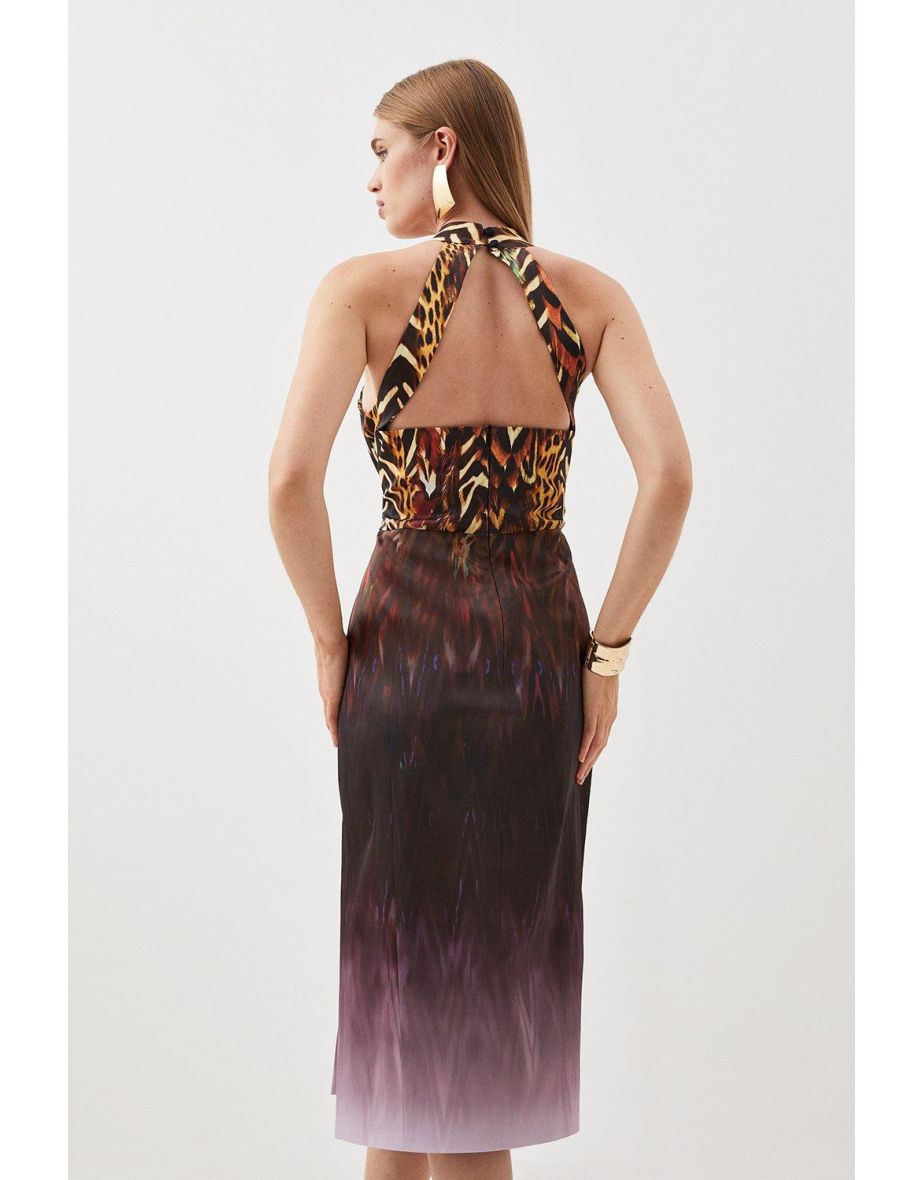 Tailored Italian Signature Stretch Ombre Feather Print Midi Dress - 2