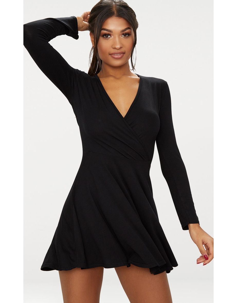Black Jersey Wrap Long Sleeve Skater Dress