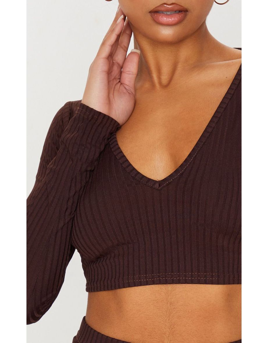 Brown Ribbed V Neck Long Sleeve Crop Top - 4