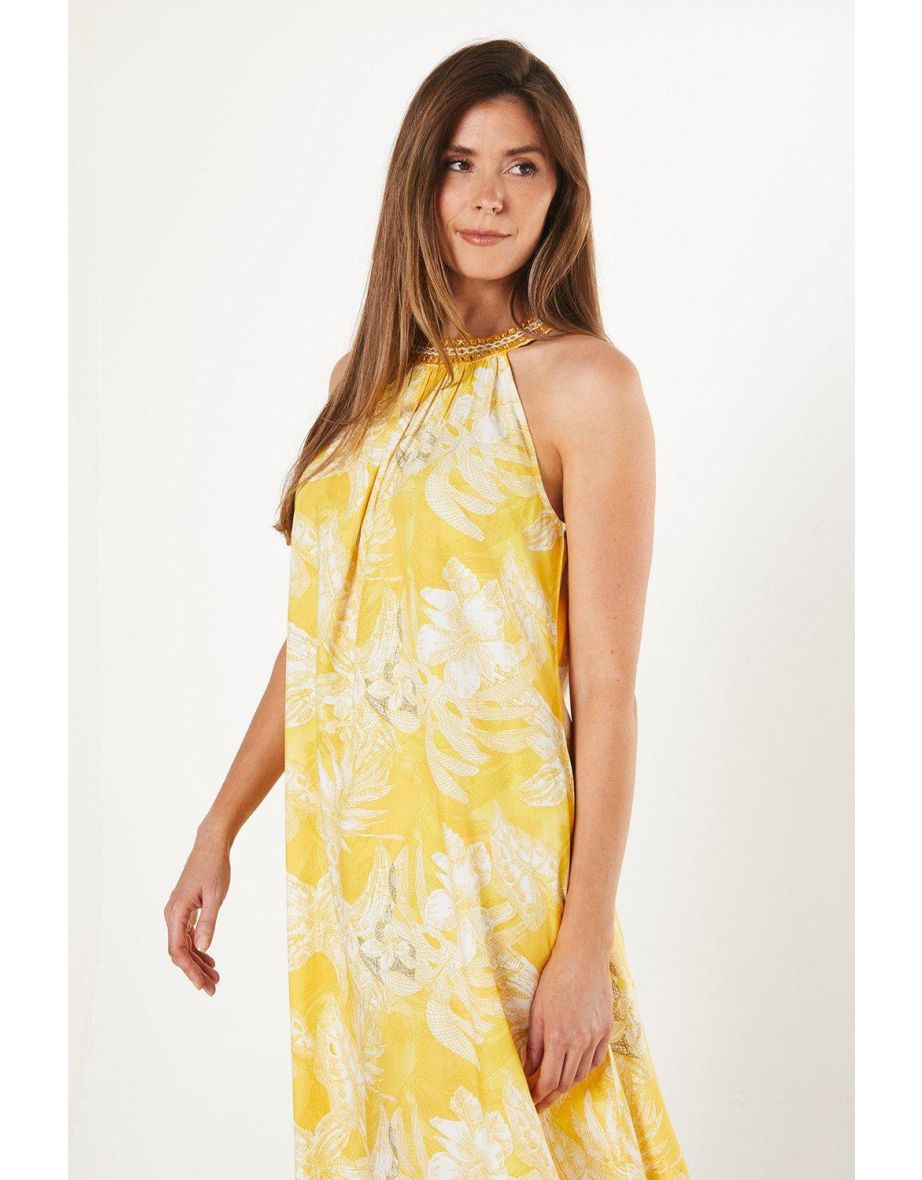 Floral Print Embellished Halterneck Dress - 3